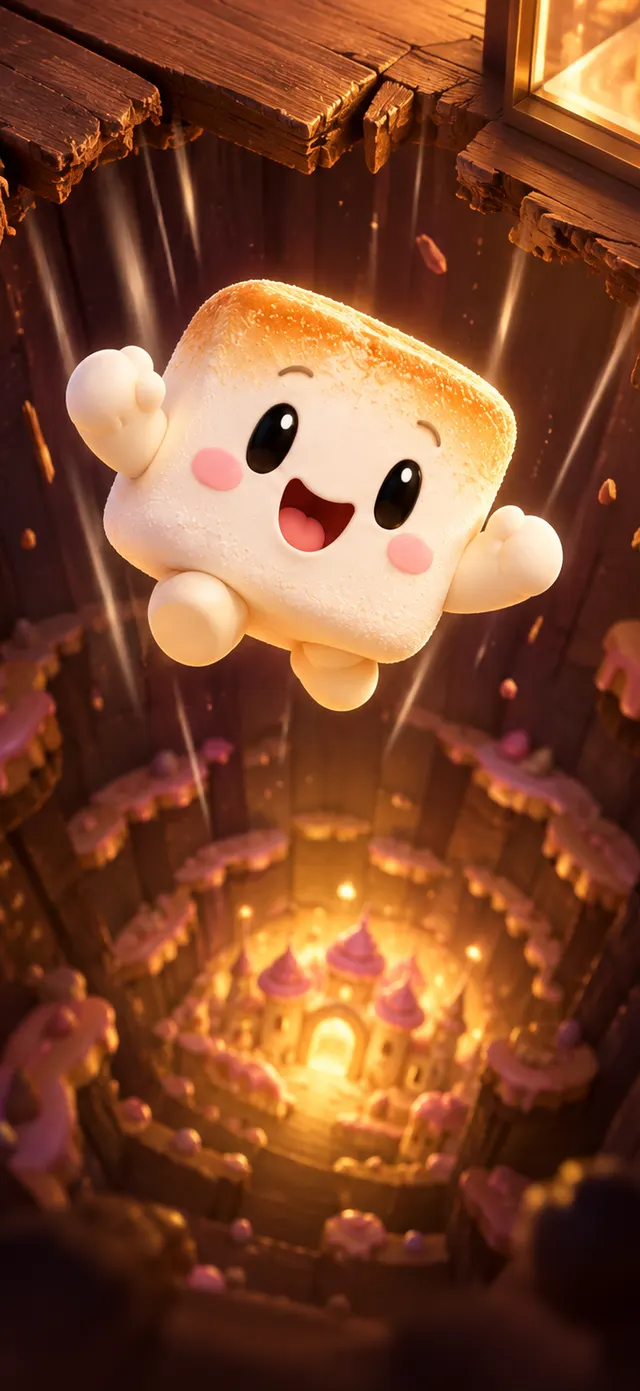 Mallo the marshmallow leaping into a crack in the floor